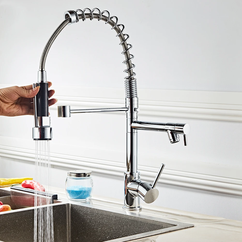 

Spring Kitchen All Copper Double Outlet Faucet Swivel Spout Pull Down Sprayer Deck Mount