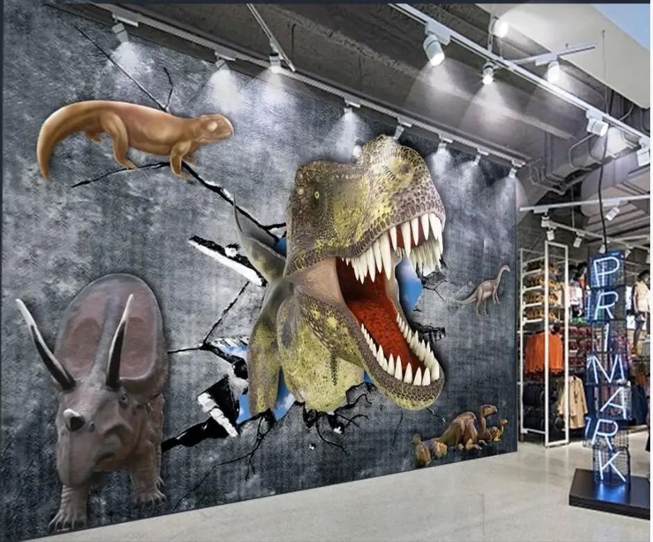 WDBH 3d wallpaper custom photo mural Cartoon dinosaur breaking wall background home decor living room for walls 3 d | Обустройство