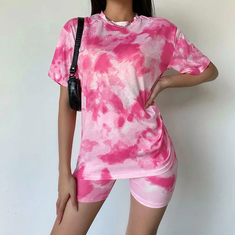 Darlingaga Casual Tie Dye Two Piece Set Women Tracksuit Fashion Summer Top and Biker Shorts Matching Sets Outfits Sportswear New