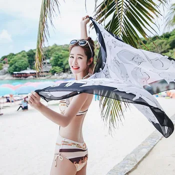 

New Cat Print Silk Temperament Scarf Shawl Lady Wild Europe & America Shawl Sunscreen Shawl Travel Beach Sunscreen Shawl Scarves