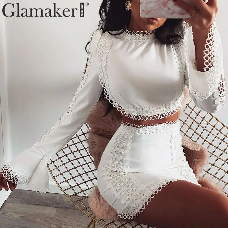 

Glamaker Lace white bodycon mini dress Women two piece suit flare sleeve summer dress Elegant crop short sexy party club dress