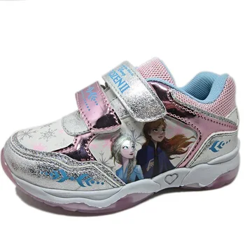 

Disney new frozen princess girls sports shoes spring rubber artificial leather sneaker children's casual shoes LED light shoes