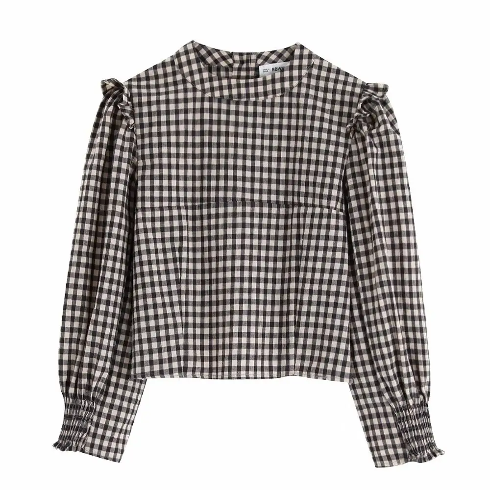 Увядшие blusas mujer de moda английский винтажный буф рукав пуговицы клетчатая Сексуальная короткая рубашка женские Топы И Футболки