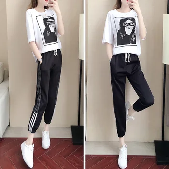 

2020 Summer New Two Piece Set Top and Pants Short Sleeved Casual Sports Set Female Loose Korean 2 Piece Set Women Clothes