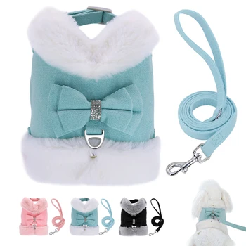 Bowknot Small Dog Cat Harness Leash Set Warm Soft Fur Harness Vest Breathable Puppy Pet Harness Lead For Small Dog Yorkshire Pug