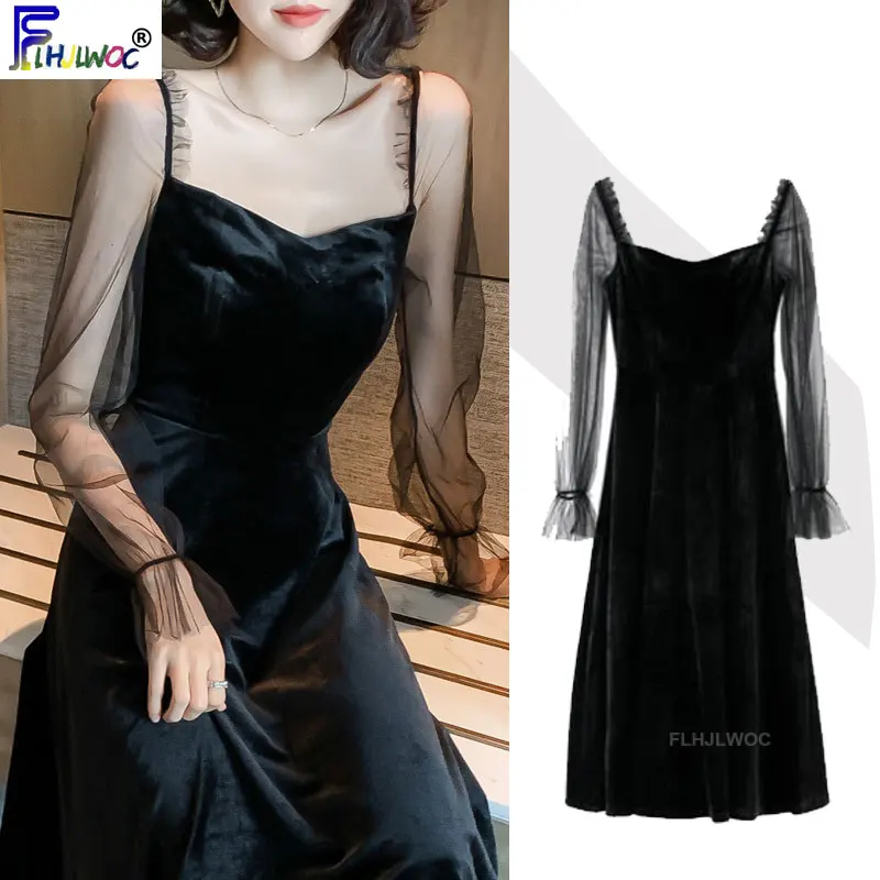 2020 New Year Party Dresses Hot Women Flare Sleeve Patchwork Black Sheer Mesh Sexy Transparent Vintage Black Strapless Dress Dresses Aliexpress