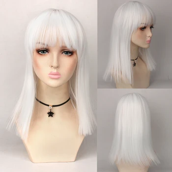 

Xnaira Short Straight Synthetic Hair Wigs with Bangs White Color Straight Wig Wigs with Bangs Toupee Hair for Women Average