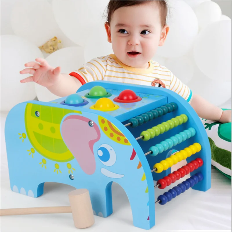  Toy For Children Wood Elephant Knocking Table Multifunctional Abacus Flip Educational Toy Parent-Ch