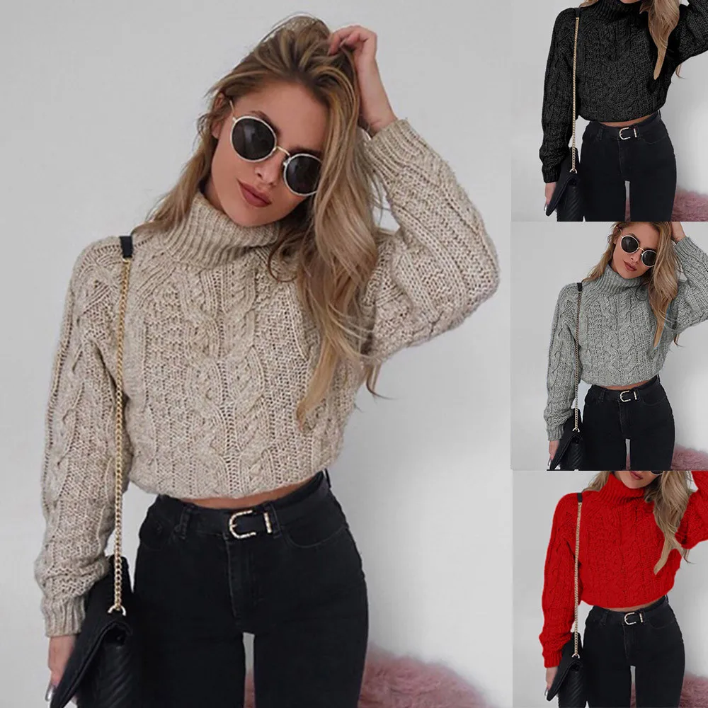 

Women Winter Sweater High collar sexy Sweater umbilical twist Casual Knitted Pullover Sweater Women's short long sleeve