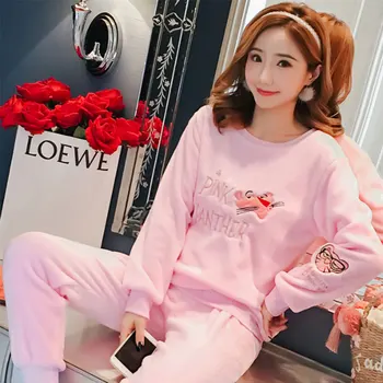 

Coral Velvet Winter Women Pajama Sets Female Flannel Round Neck Cute Cartoon Camel White Letter Home Service Winter Warm Suit