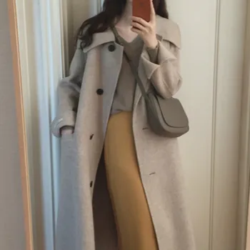

Women Winter Long Wool Beige Overcoat Single Breasted Elegant Coat Straight Parka Long Sleeve Outer Wear Veste Femme