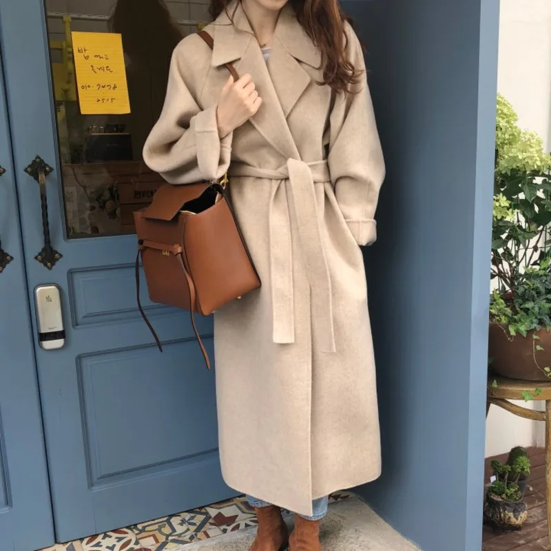 

Women Korean Outwear Winter Long Wool Coat Loose Plus Size Cardigans Long Sleeve Vintage Overcoat Manteau Femme Hiver Elegant