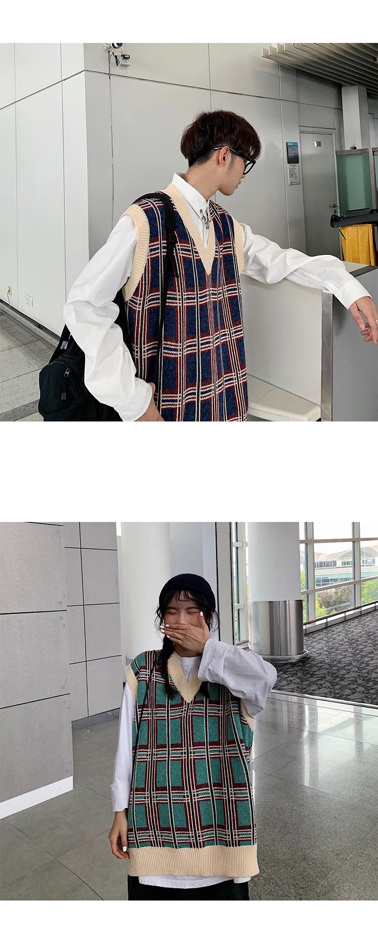 Privathinker Couple Autumn Plaid Pullovers Top Clothes Men Woman Knitted Fashion Vests Lady Sleeveless V-Neck Sweater Vests