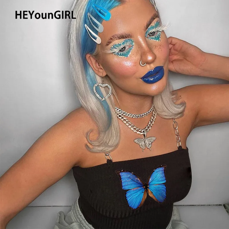 HEYounGIRL Butterfly Printed Chains Camis Tops Tees Harajuku Sleeveless Sexy Crop Top Backless Black Spaghetti Strap Top Summer HEYounGIRL Butterfly Printed Chains Camis Tops Tees Harajuku Sleeveless Sexy Crop Top Backless Black Spaghetti Strap Top Summer