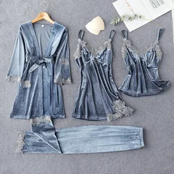 2021 Summer Suspender Robe Four Piece Comfortable Loose Home Wear Velvet  Nightgown Silk Pajamas set High-grade