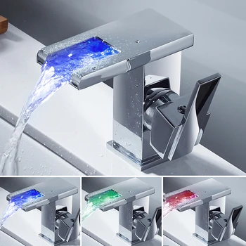 

Bathroom Sink Faucet Temperature Sensor Colors Change LED Faucet Cold and Hot Water Mixer Tap Waterfall Single Hole Basin Faucet
