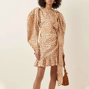 

New Bow Designer Women Print Dress Elegant O-Neck Lantern Sleeve Mini Dresses