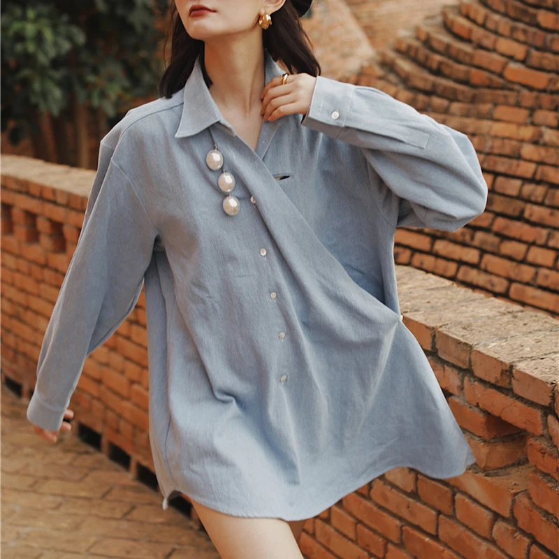 GALCAUR Asymmetrical Patchwork pearl Women's Shirts Lapel Collar Long Sleeve Blouse Female Autumn Oversize Fashion New