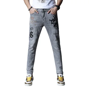 

New skinny men's jeans print jeans for men stretch pants trousers hip hop Summer Spring light grey