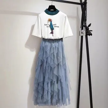 

summer women 2 piece set appliques cartoon letter print T-shirt ball gown tulle skirt suit women's set summer set D404