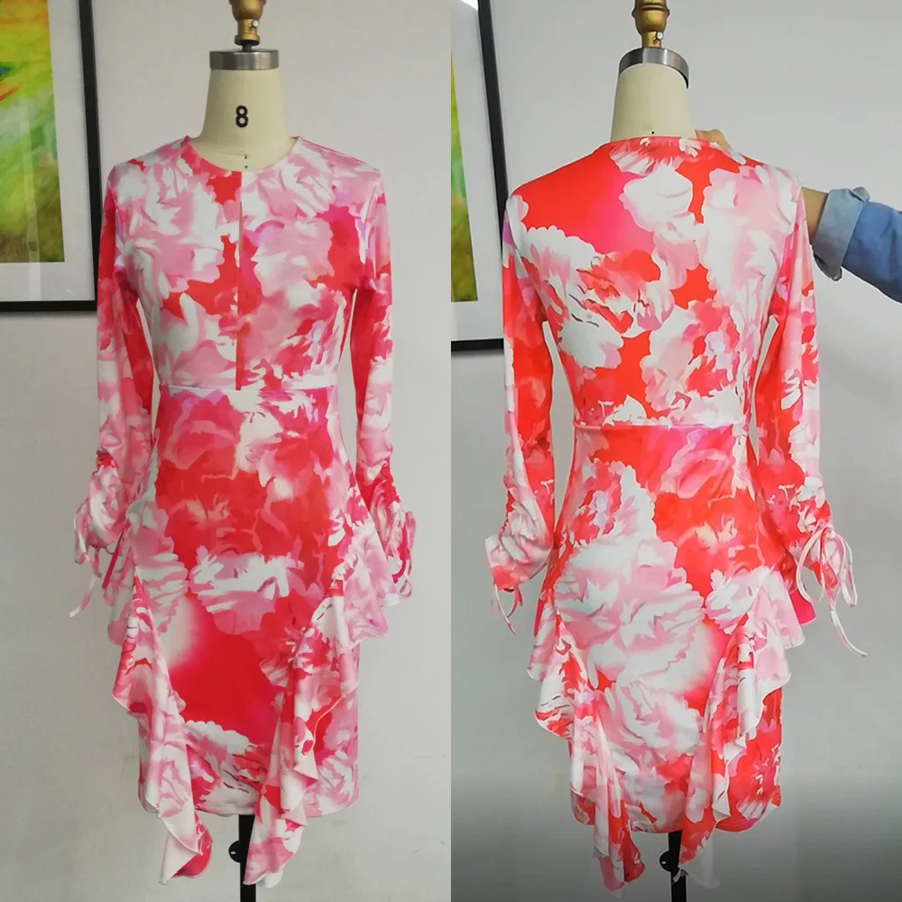 Красное женское платье с цветочным принтом элегантное длинным рукавом вечерние