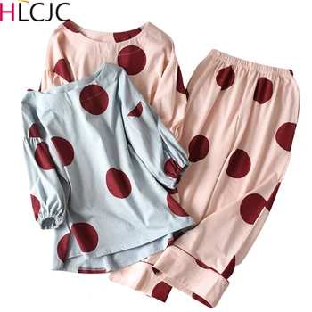 

Women's Pajamas Sets Plus Size Femme Nighty Homewear Loungewear Cotton Polka Dot Sleepwear Cartoon O-Neck Pijama Mujer Pyjamas