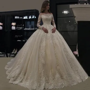 

Wedding Dress 2020 Ball Gowns Luxury Lace Applique Long Sleeve Wedding Gowns robe de mariee Boat Neck Beaded Bride Dress