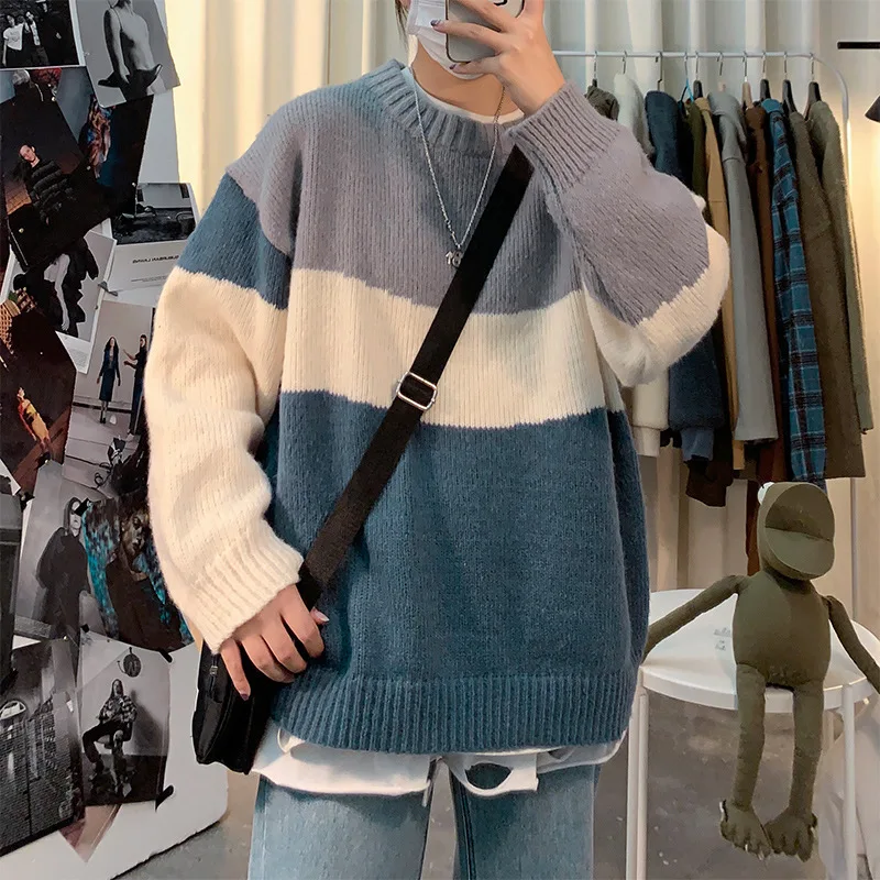 

2020 new sweater men loose lazy autumn/winter hit color knitwear personality trend college wind coat ins wind sweater
