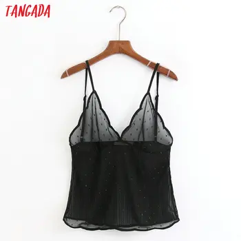 

Tangada Women sexy dot pattern mesh tops Sexy V-neck strap adjust transparent backless Camisole Short Camis 6Z20