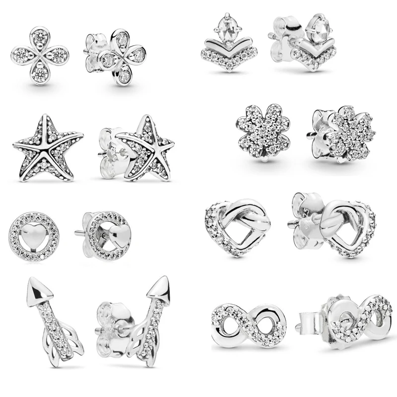 

925 Sterling Silver Knotted Hearts Starfish Classic Wishes Four Petal flowers Sparkling Arrow CZ Crystal Studs Earrings
