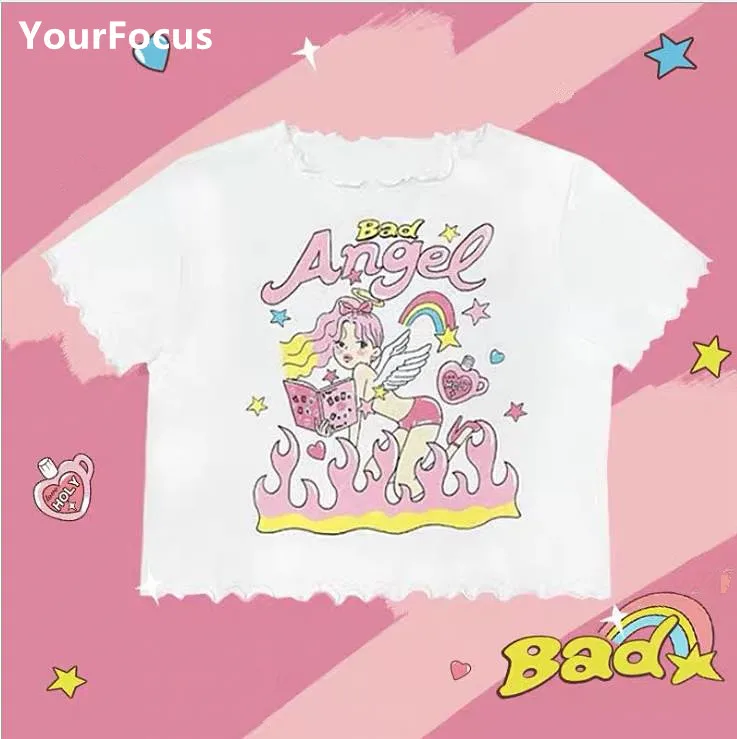Корейский kpop kawaii y2k кроп Топы Мультфильм пламя Ангел Милая футболка кружевная