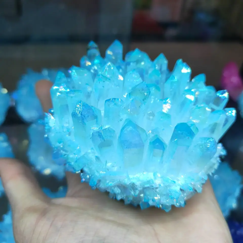 Sky blue Aura Crystal Cluster Angel Wand Points Natural Raw Clear Quartz Rough Healing Topaz Lemurian Seed Prism Charms