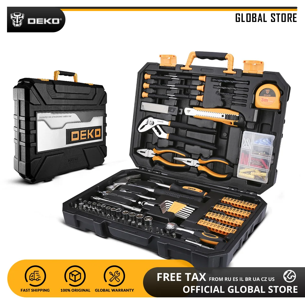 DEKO 196 Pcs Professional Car Repair Tool Set Auto Ratchet Spanner Screwdriver Socket Mechanics Tools Kit W/ Blow-Molding Box