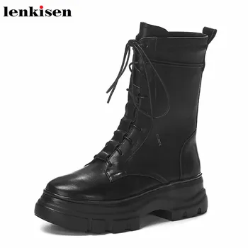 

Lenkisen thick bottom waterproof cow leather lace up black colors round toe leisure style women winter warm mid-calf boots L13