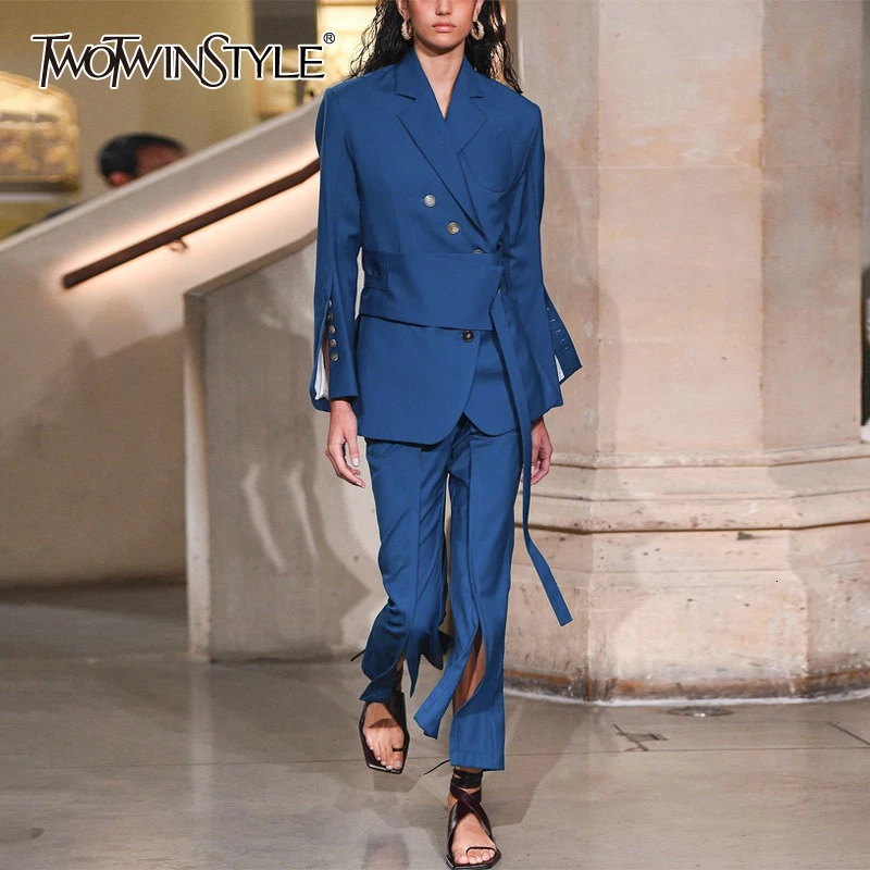 

TWOTWINSTYLE Irregular Two Piece Sets Women Lapel Collar Long Sleeve Tunic Lace Up Coat High Waist Split Pant Casual Suit Female