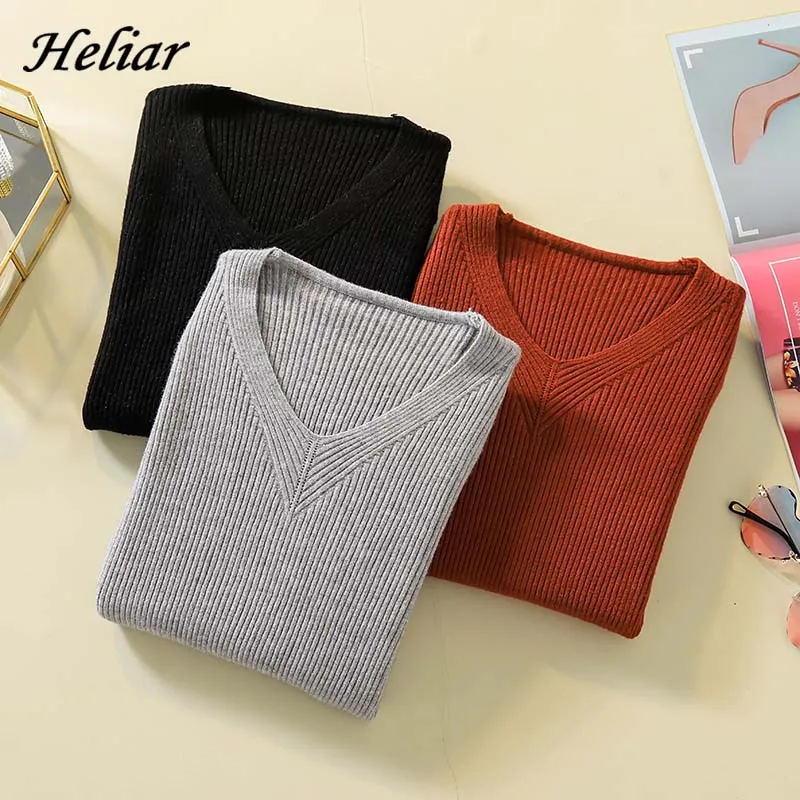 

Heliar Female V-Neck Solid Plain Fall Sweater Women Casual Knitting Sweater Women Casual Thin Pullovers 2019 Autumn Sweater