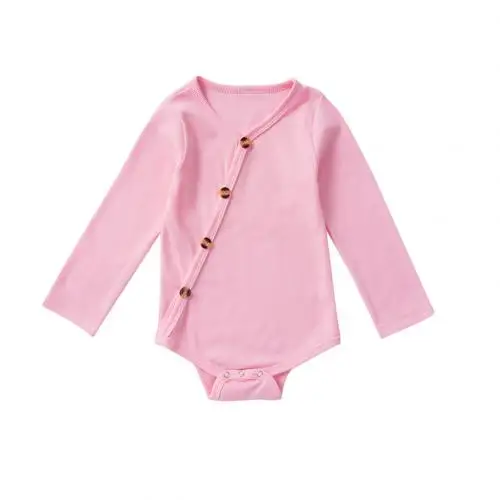 Fashion Autumn Baby Bodysuits Boys Girls Solid Color Long Sleeve Romper Button Jumpsuit - Цвет: Pink 12 to 18M