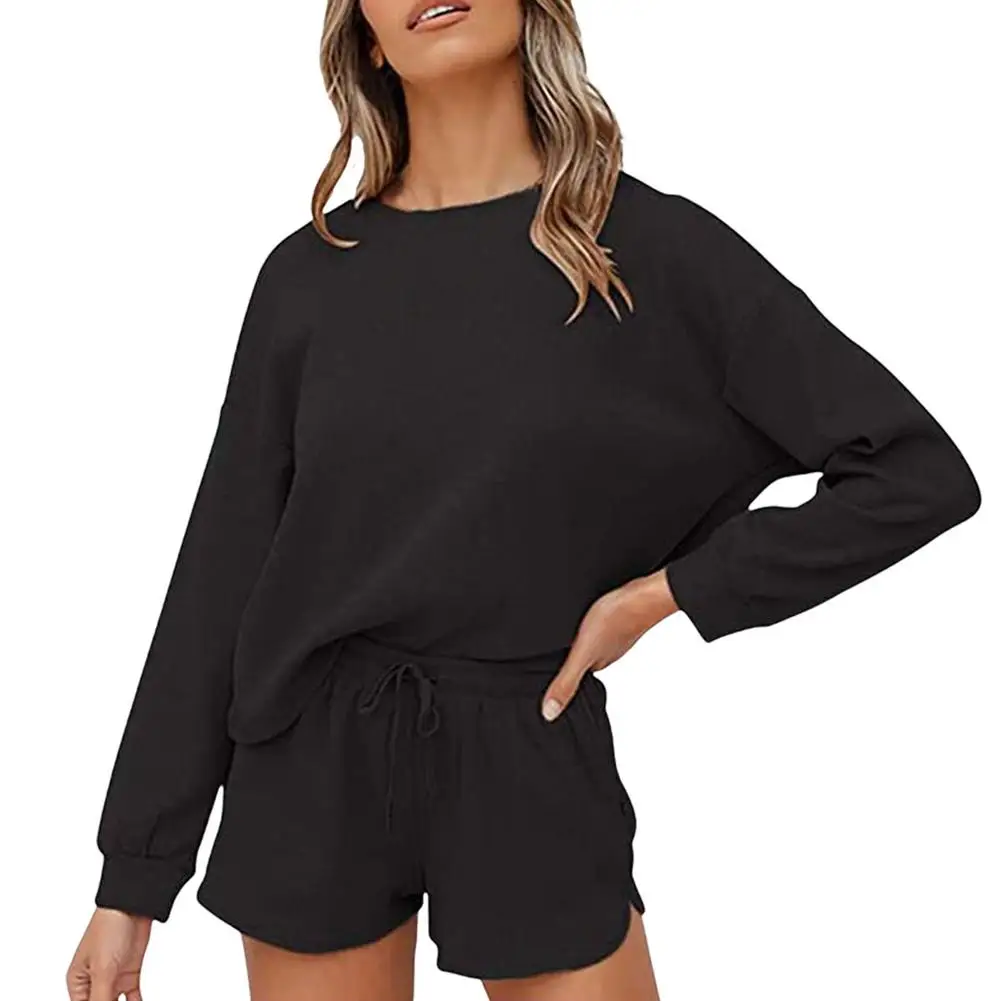 Women 2 Piece Casual Outfit Loose Round Neck Long Sleeve Top High Waist Shorts Lounge Comfortable Set Streetwear Homewear 2