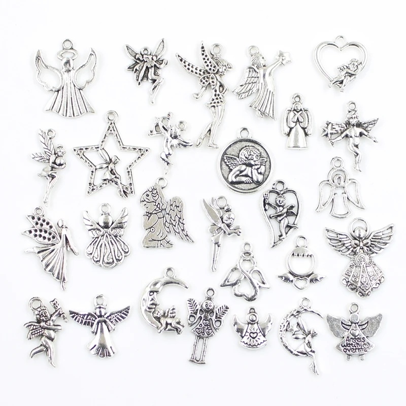 30pcs Charms Lover Angel Heart Cupid Butterfly Fairy Antique Silver Color Mixed Pendants DIY Fit Findings Tibetan Jewelry Craft 