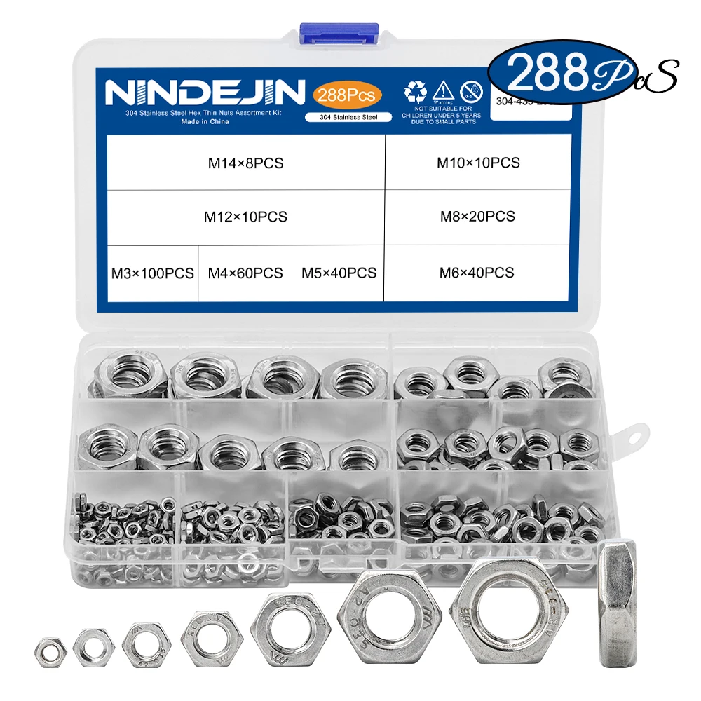 

NINDEJIN 288pcs Hex Hexagon Thin Nuts Assortment Kit M3 M4 M5 M6 M8 M10 M12 304 Stainless Steel Metric DIN439 Hex Thin Nuts Set