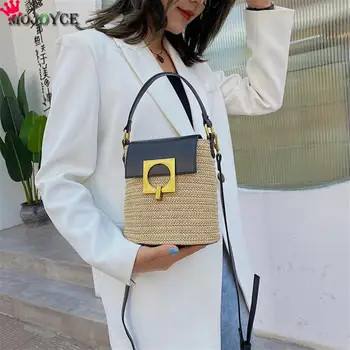 

Fashion Women Small Handbags Women Casual Crossbody Bucket Bags Casual PU Leather Straw Splicing Simple Shoulder Messenger Purse