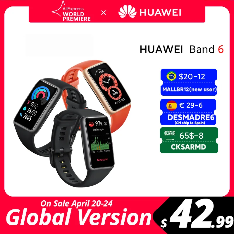 DESMADRE6 € 29 6 off Huawei pulsera inteligente Band 6, versión Global, monitor de ritmo cardíaco y sueño, oxígeno en sangre, Pantalla AMOLED de 1,47 pulgadas