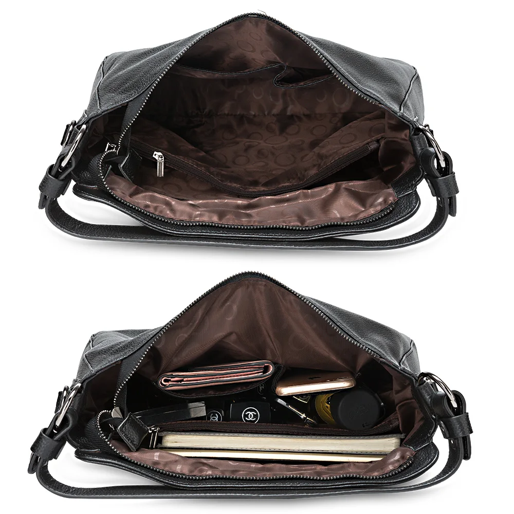 Zency 100% Genuine Leather Elegant Women Shoulder Bag Classic Black Hobos Roomy Casual Tote Handbag Crossbody Messenger Grey 2