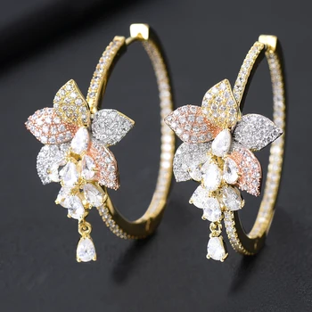 

GODKI Luxury 3 Tone Flower Tassel Drop Cubic Zircon Statement Big Hoop Earrings For Women Wedding DUBAI Bridal Hoop Earring 2019