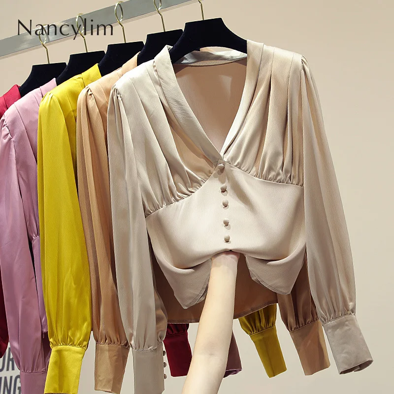 

Blouse Women 2019 Spring Autumn Retro V Neck Long-sleeved Blouse Female Lady All-match Basic Blusas Tops Womens Tops and Blouses