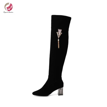 

Original Intention Gorgeous Woman Over the Knee High Boots Round Toe Transparent Square Heels Crystal Fringe Beautiful Elegant