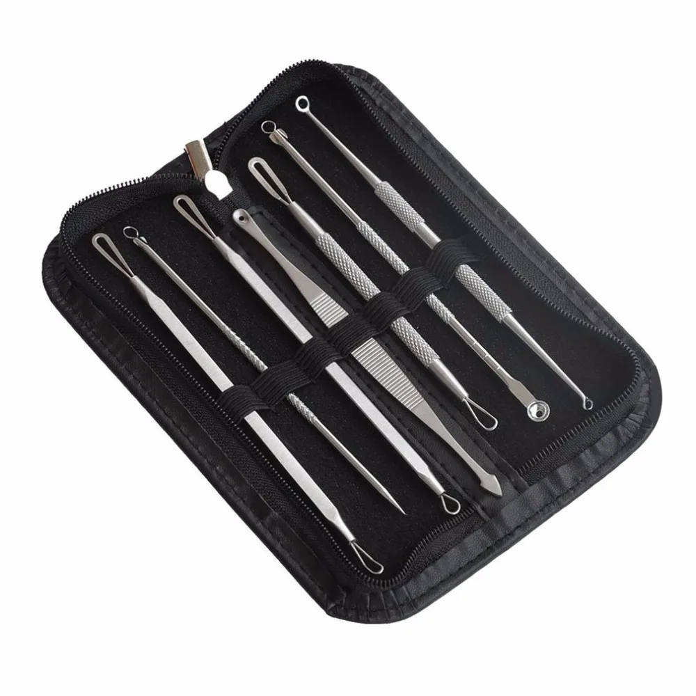 7pcs/set Blackhead Comedone Acne Pimple Remover Tool Spoon for Face Skin Care Needles Facial Pore Cleaner + Bag | Красота и здоровье