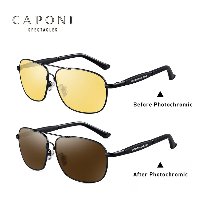CAPONI Night Vision Sun Glasses Men Square Driving Vintage Eyewear Fashion Design Yellow Lenses Polarized Sunglasses BSYS10001 - Цвет линз: Black Frame Color