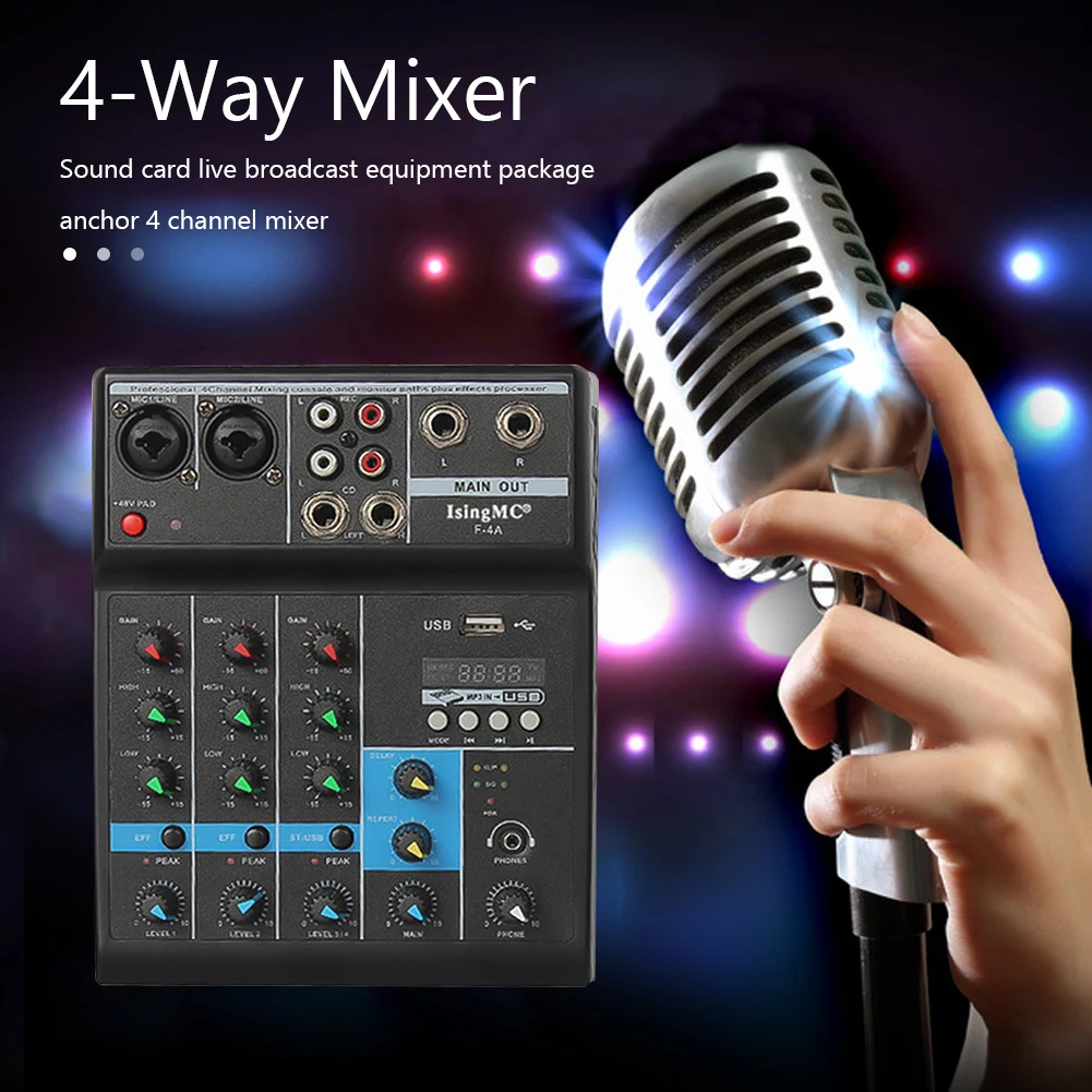 F-4A Professional Wireless 4-channel Audio Mixer Portable Bluetooth-compatible USB Sound Mixing Console Input Phantom Power