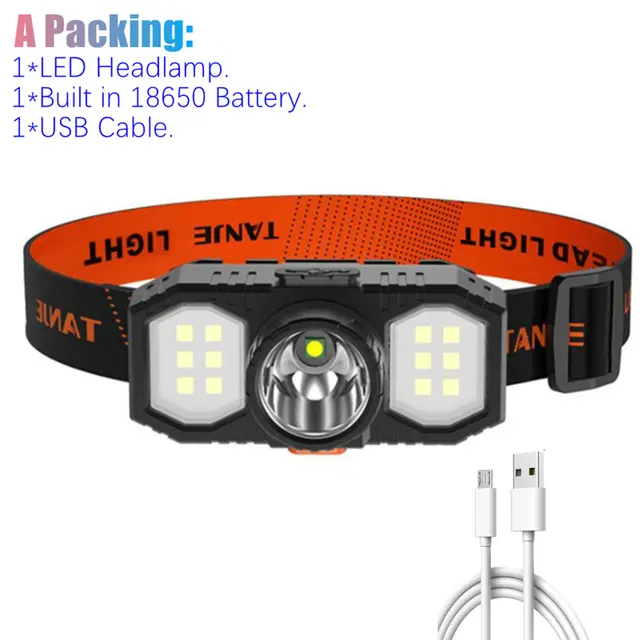 Portable USB Rechargeable LED Flashlight Powerful Headlamp Outdoor Super Bright Fishing Hiking Torch Head Lamp 18650 Battery 1Pcs